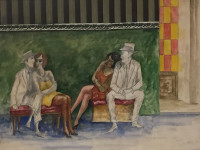 antonio berni, argentina 1905-1981. los clientes, tecnica mixta sobre papel, 38 x 55 cms. 1980